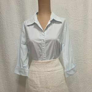 Women's Light Blue & White Striped Top Shirt Blouse Button Down Business Casual